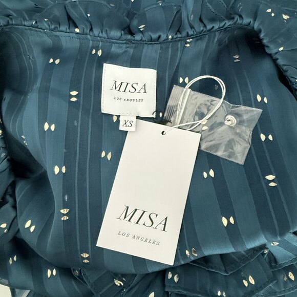 MISA Gabriella Asymmetric Striped Wrap Midi-Dress Chiffon Ruffles - Picture 9 of 12